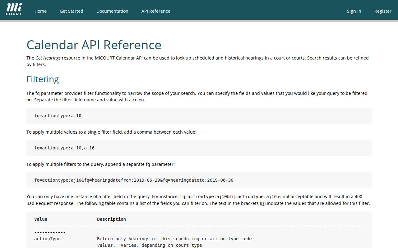 Michigan court calendar API filters for hearing dates and court schedules