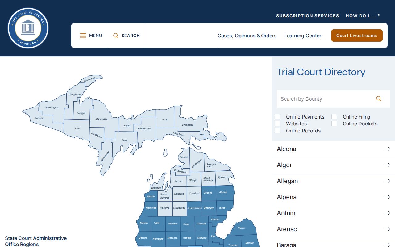 Michigan criminal docket search court selector and court links