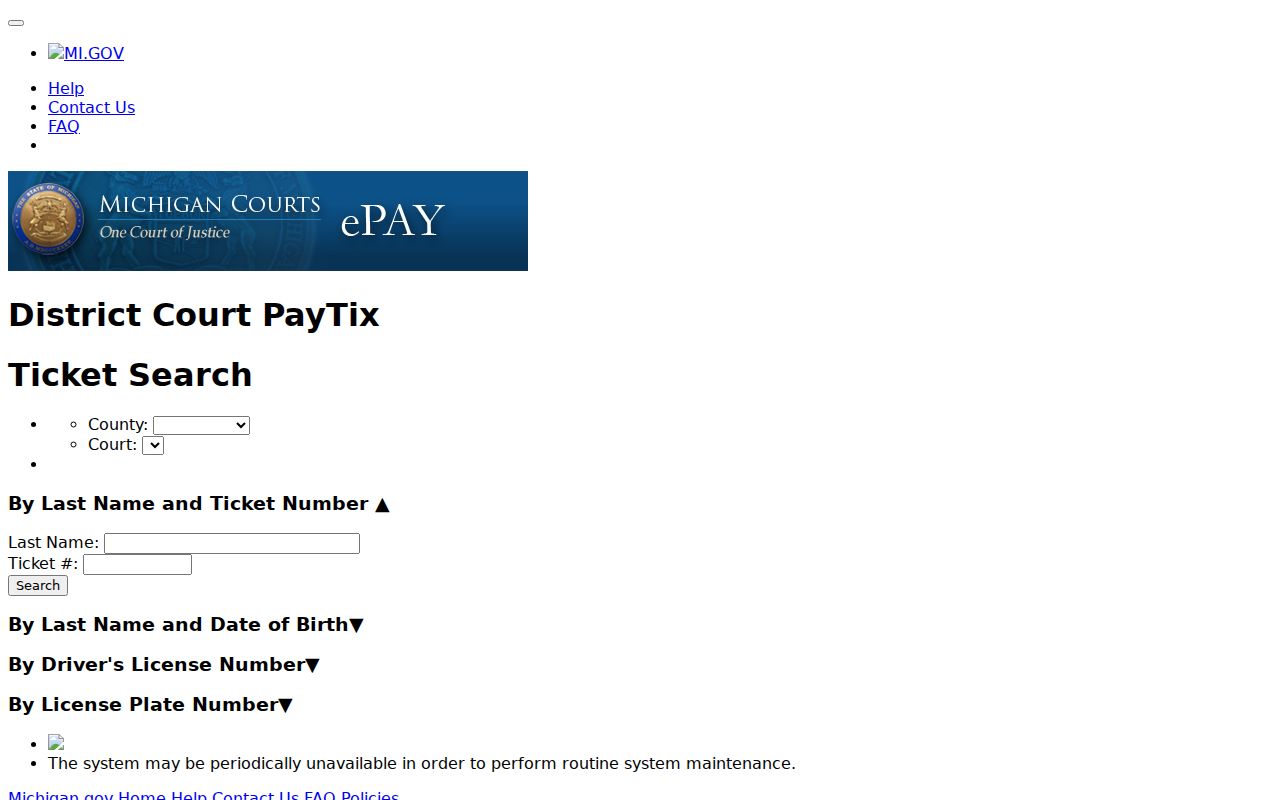 Michigan District Court PayTix traffic ticket search fields