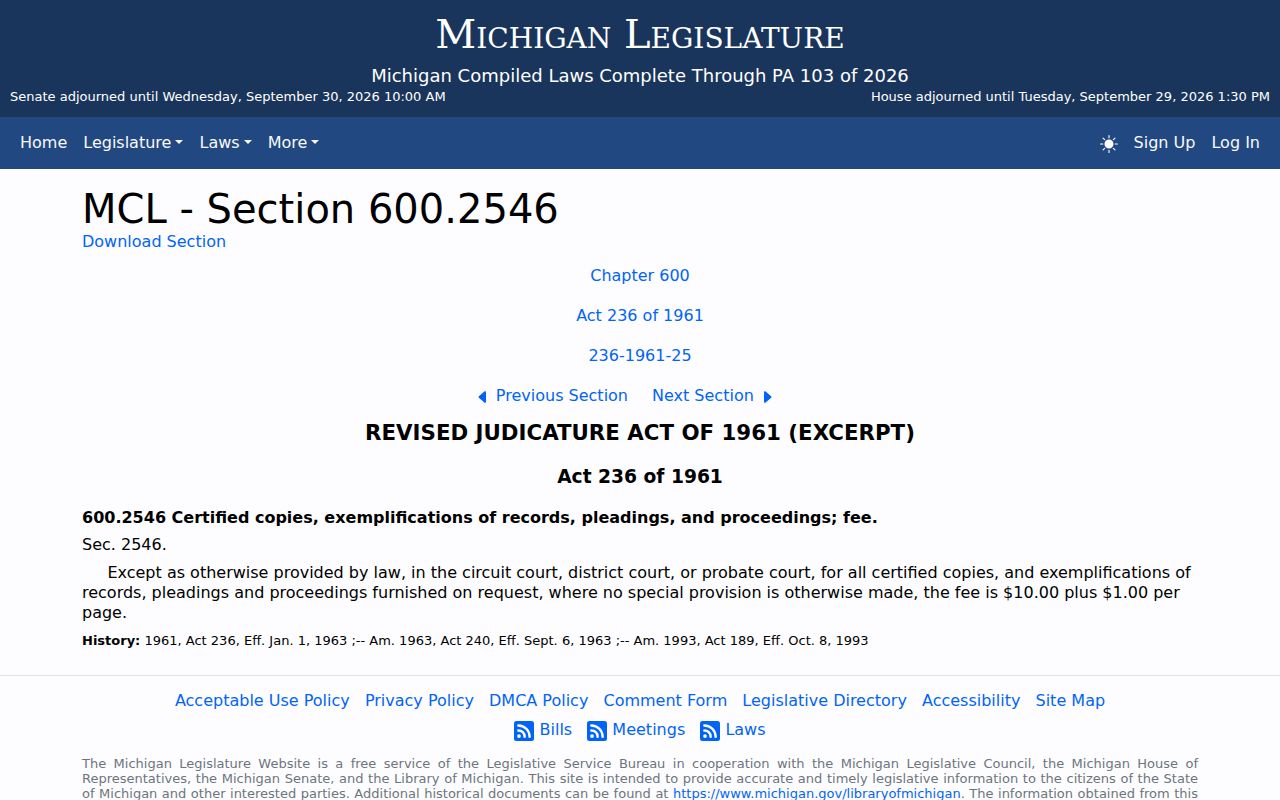 Michigan statute reference for certified court-copy fees