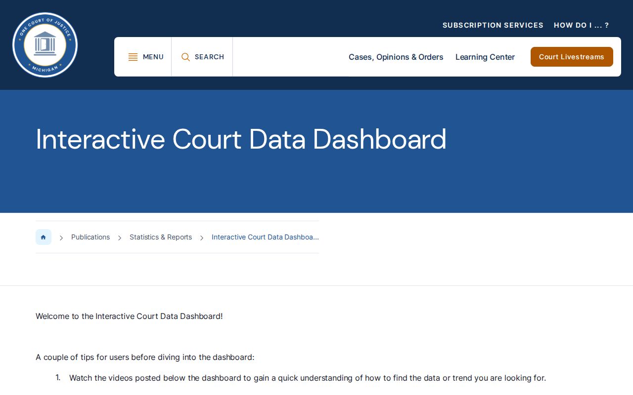 Michigan statewide court statistics dashboard navigation