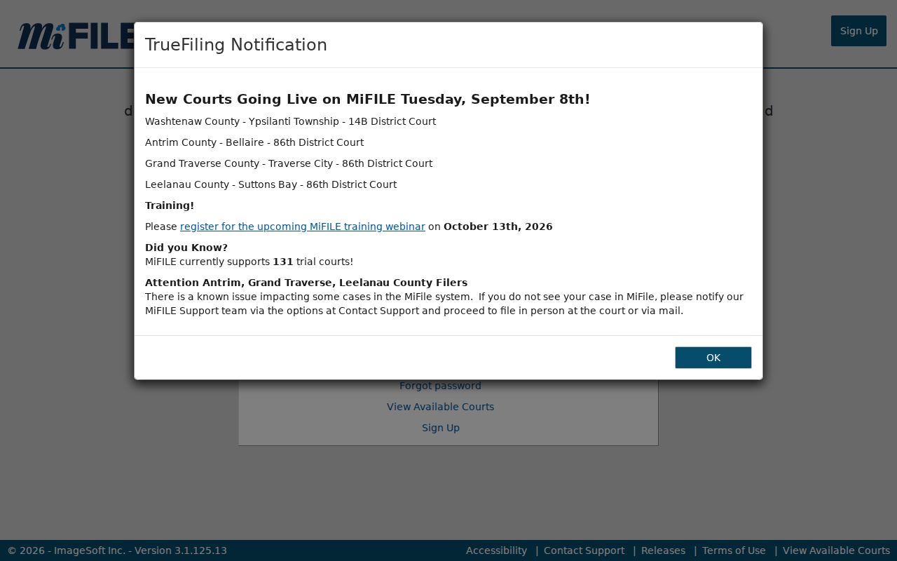 Michigan court system MiFILE TrueFiling login and available courts links